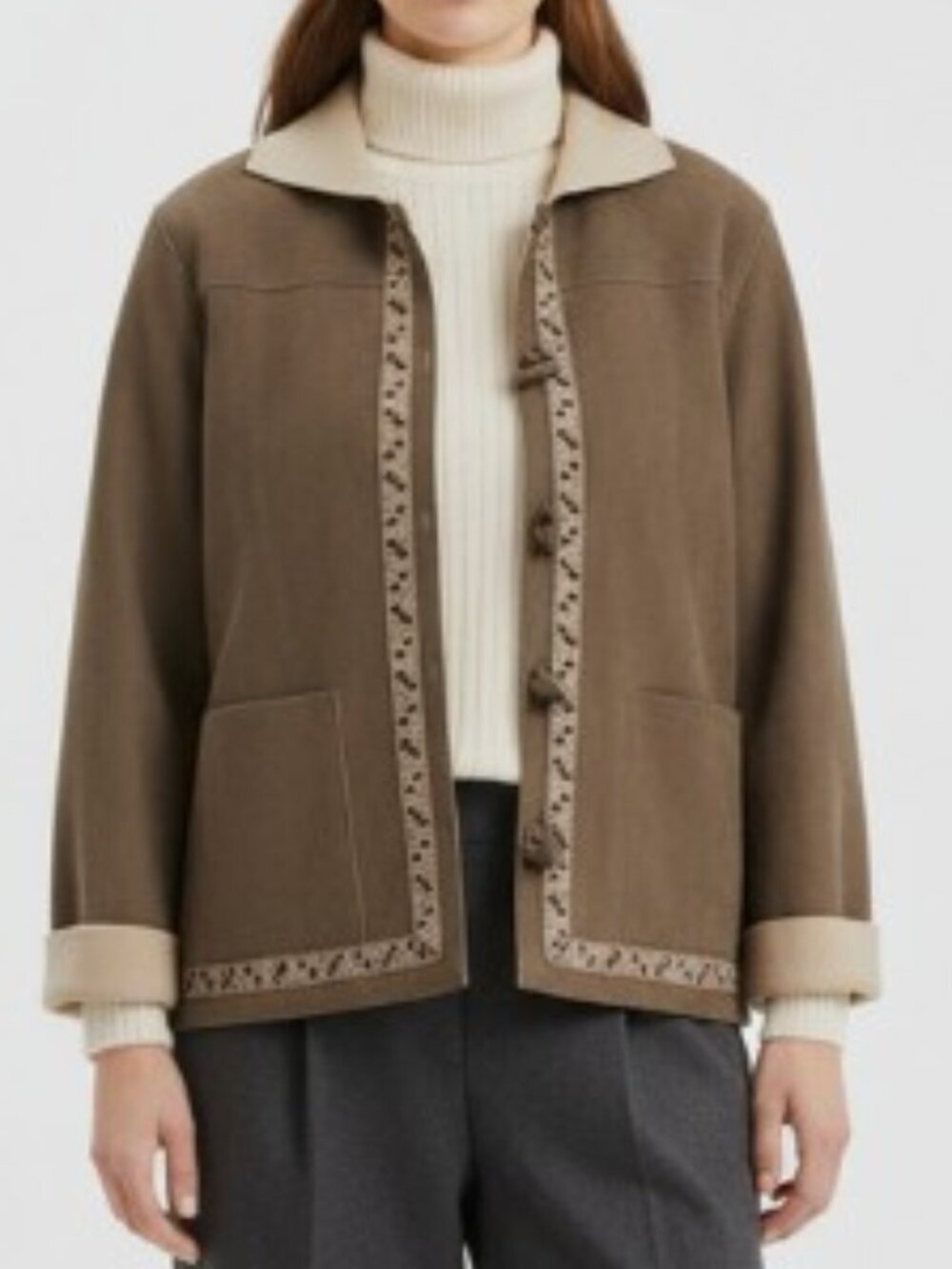 Alfred Dunner Beige Faux Suede Toggle Button Ribbon Trim 18W Jacket - Picture 1 of 9